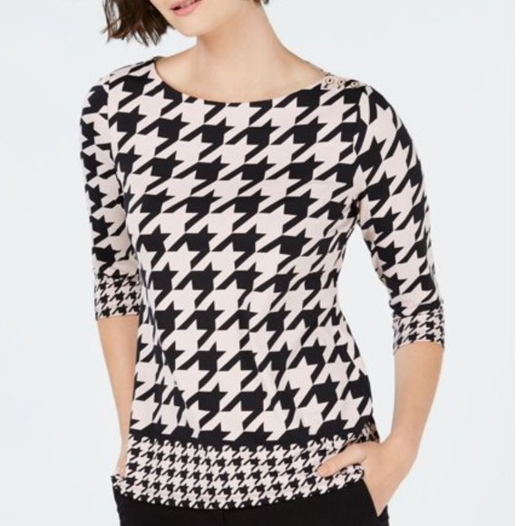 Charter Club Tops - NWOT CHARTER CLUB Women's Pink Houndstooth 3/4 Sleeve Jewel Neck Top. M